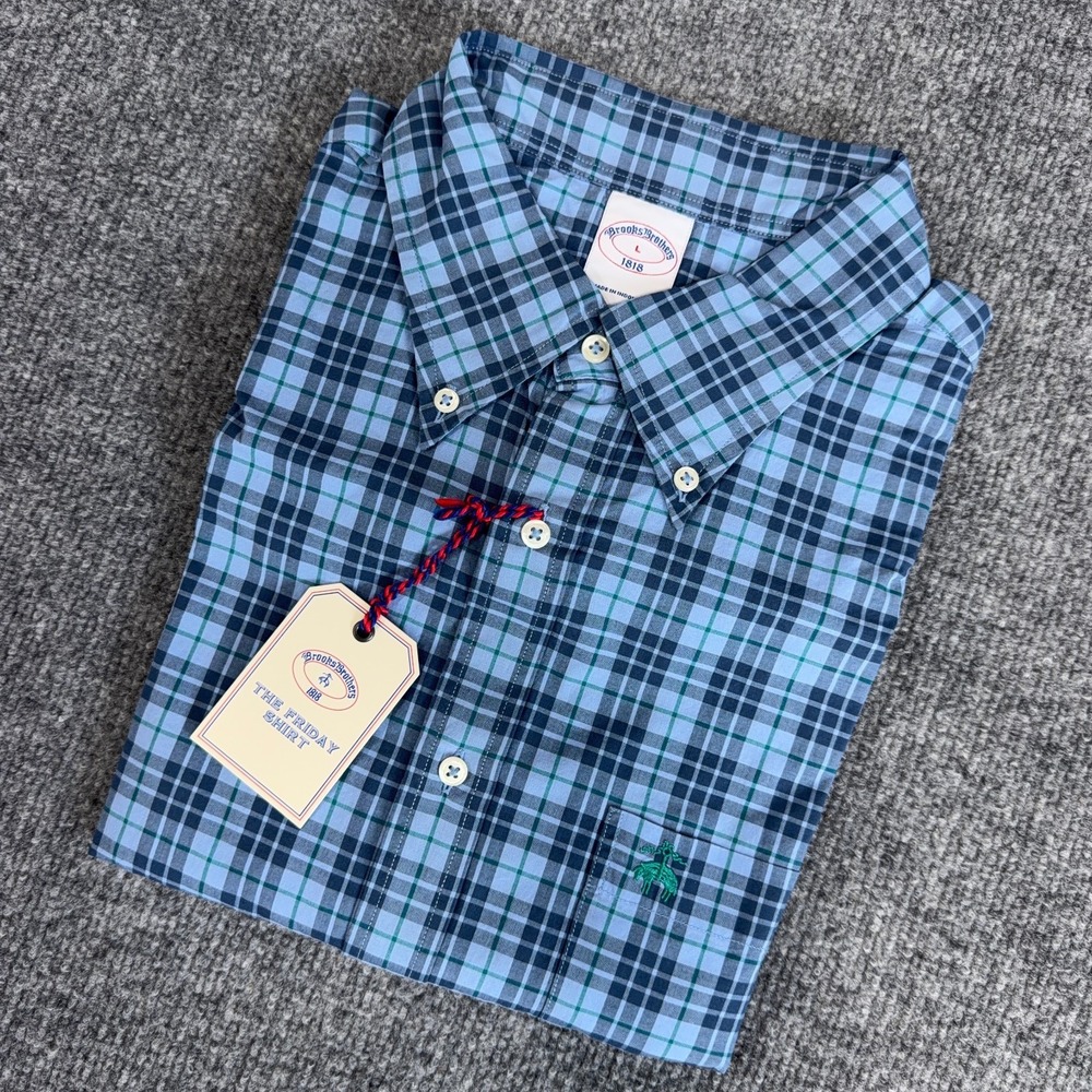 Brooks Brothers Friday Shirt Men Large Blue Tartan Plaid Pocket Logo Long Sleeve